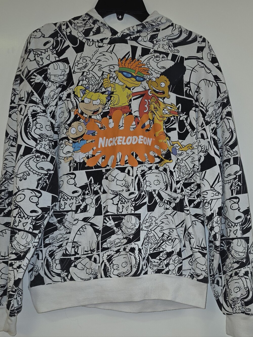 Nickelodeon Black & White Hoodie with Orange Splash & Multicolor Characters